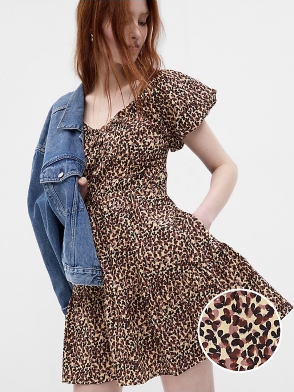 GAP Smocked Leopard Print Dress in Brown and Cream